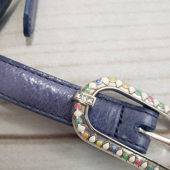 Vintage Womens Leather Slim Belt Blue Rhinestone Enamel Buckle Medium 38 Inch main image 10